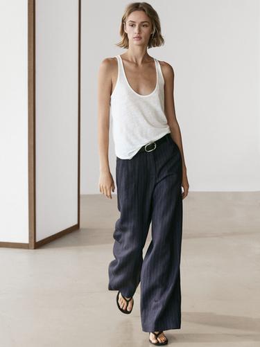Pantalón ancho raya diplomática lino - az-empolvado de Zara