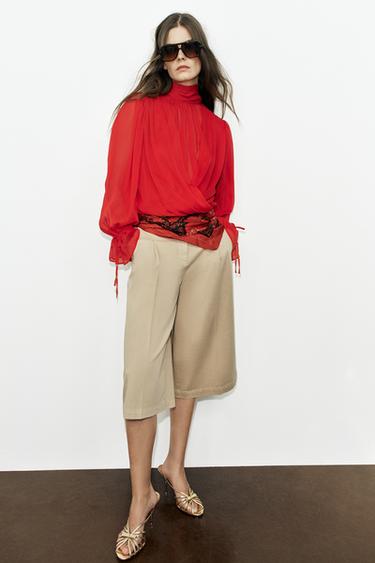 Zara 露背綁帶垂褶上衣 - 紅色