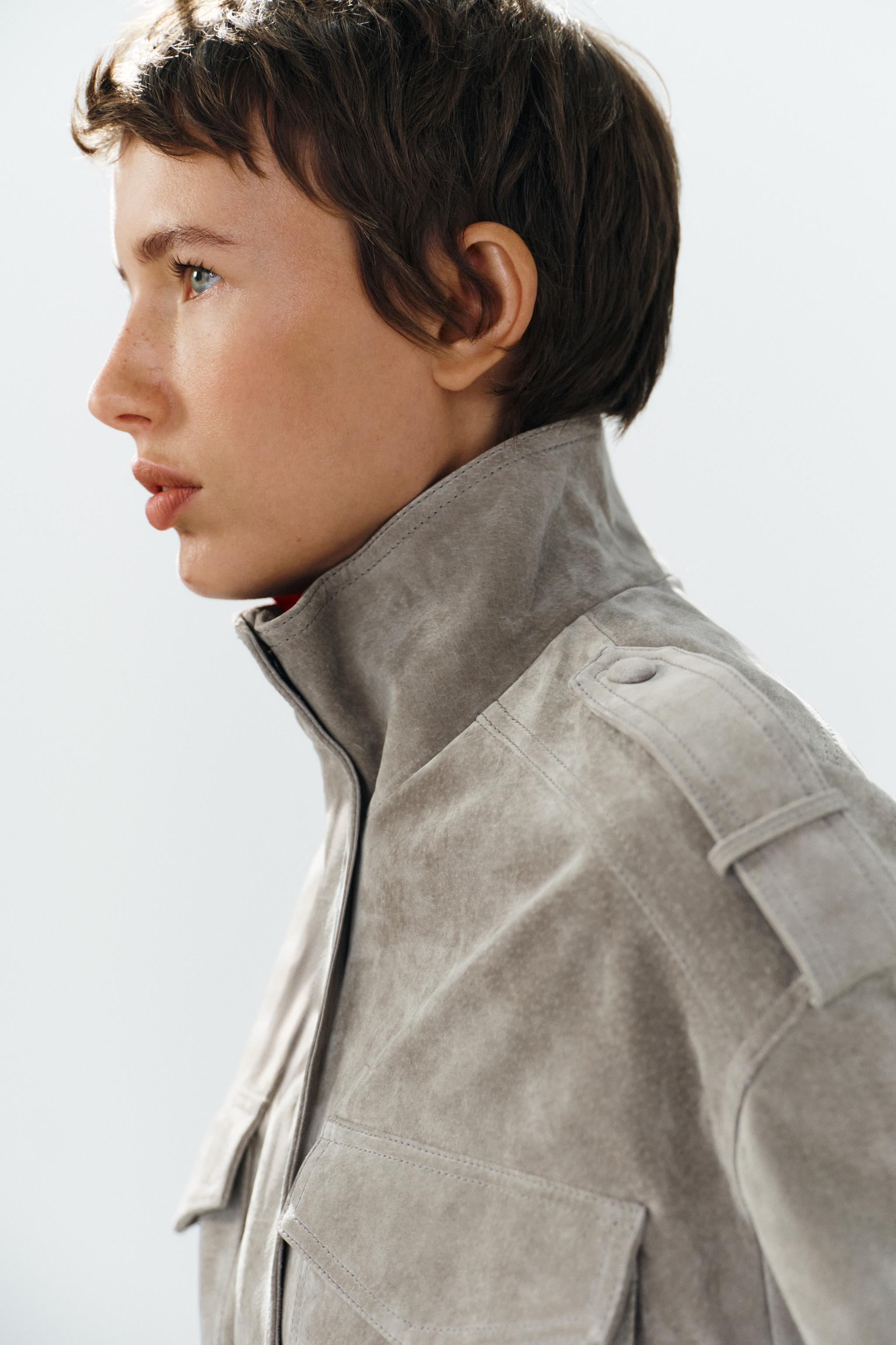 100%レザー クロップドジャケット タブ付き - ライトグレー | ZARA