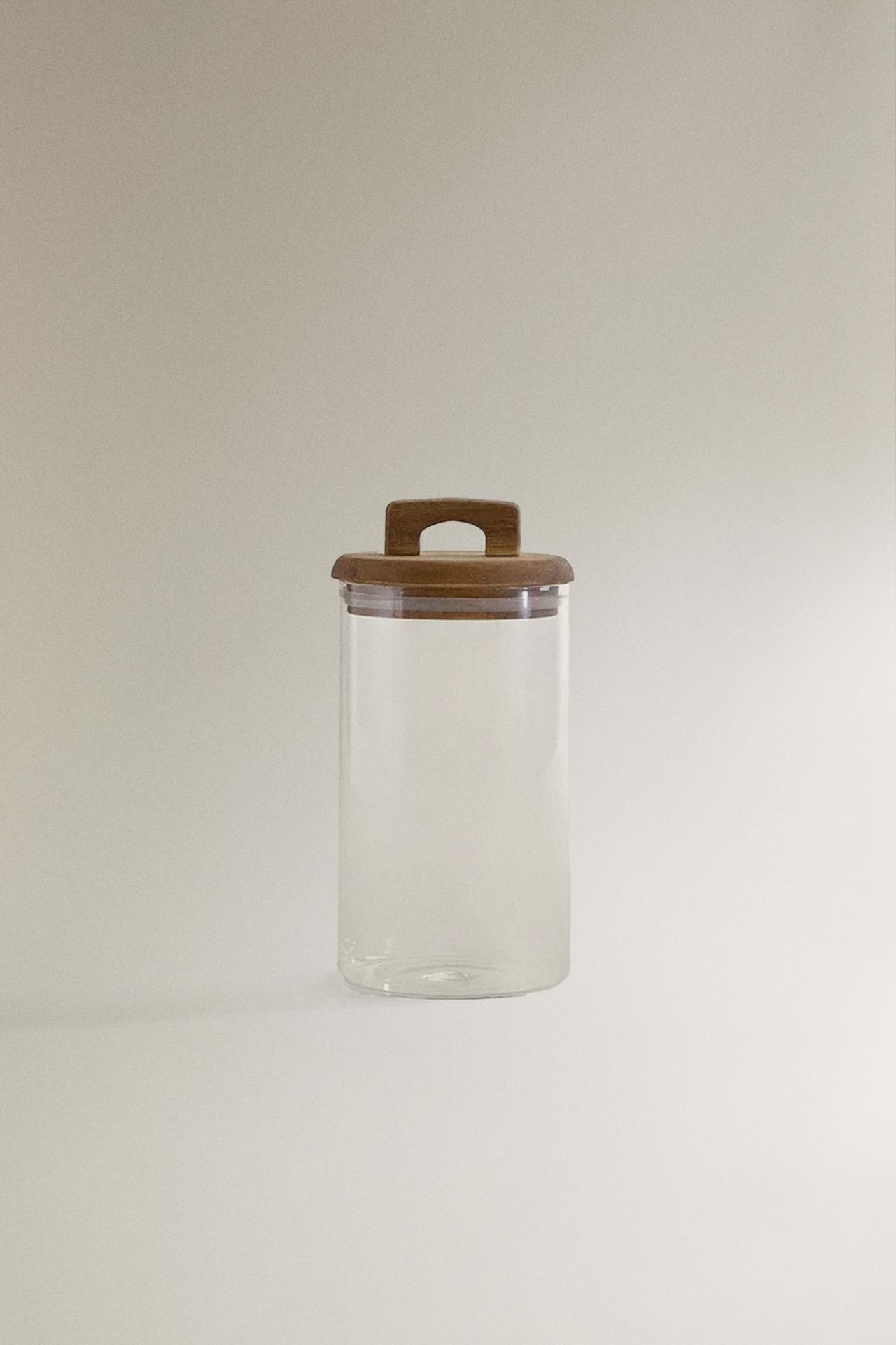 BOROSILICATE GLASS AND WOOD STORAGE JAR — Light beige