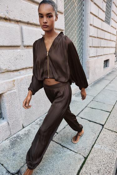 Zara SATIN BALLOON BOMBER JACKET - Brown