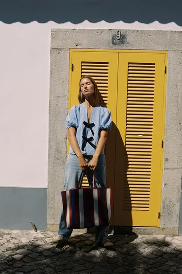 Zara LINEN TIE BLOUSE - Blue