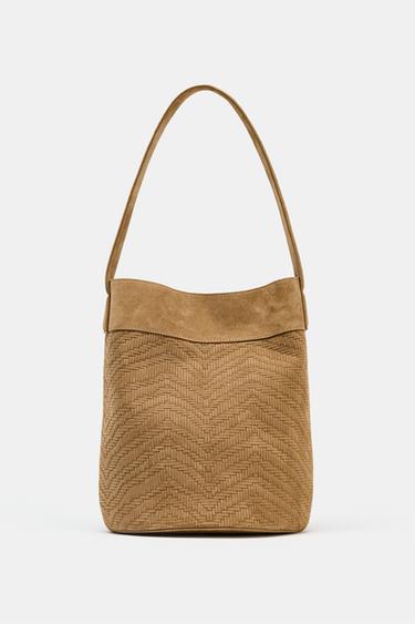 Zara BRAIDED SPLIT LEATHER MAXI BUCKET BAG - Brown
