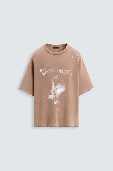 Zara CONTRAST PRINT KNIT T-SHIRT - Brick