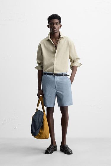 STRIPED CRINKLE-EFFECT BERMUDA SHORTS - Blue by Zara