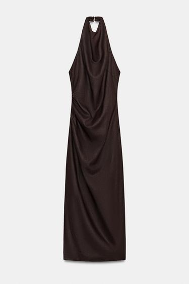 Zara LINEN HALTER NECK MIDI DRESS - Dark brown - Image 0