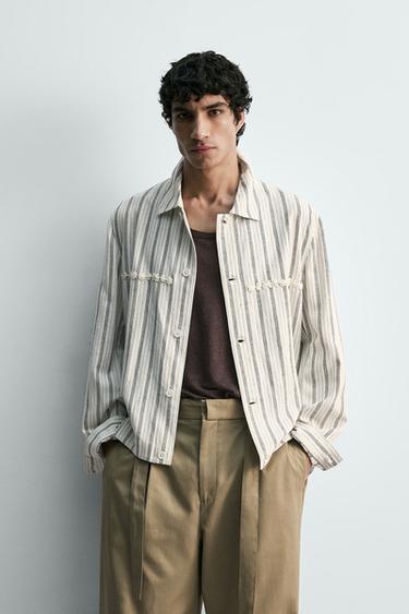 جاكيت قميصي منسدل مخطط مطرز - خَام الخاص بـ Zara