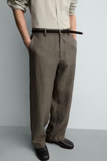 100% LINEN STRAIGHT-LEG TROUSERS - Grey green by Zara - Image 4
