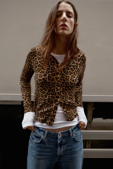 Zara ANIMAL PRINT KNIT CARDIGAN - Black / Brown