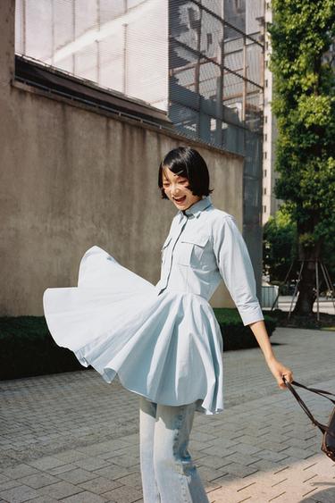 ZW COLLECTION PLEATED SHIRT DRESS - Light blue by Zara
