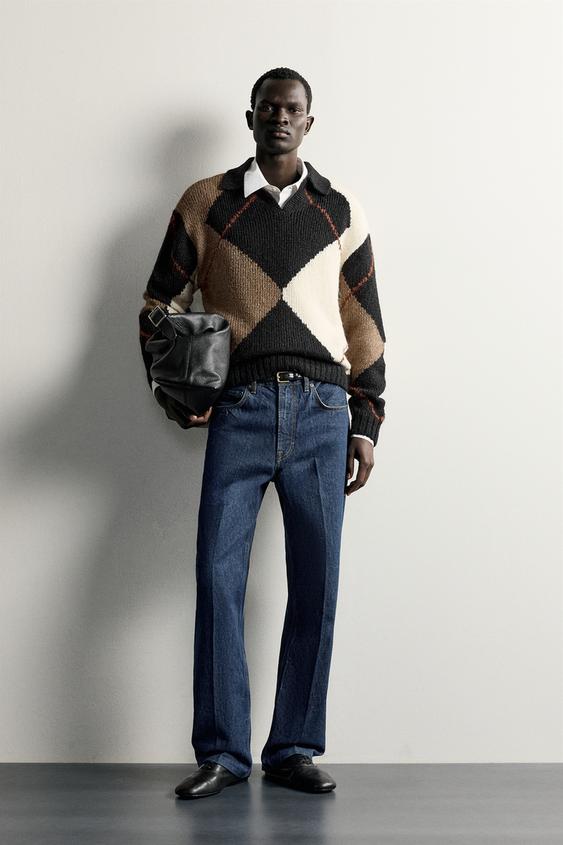 Zara Argyle Jacquard Knit Polo - Black - Image 0