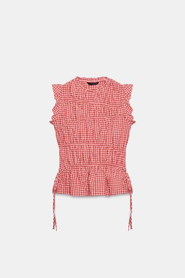 GINGHAM GATHERED TOP - White / Red by Zara - Image 6