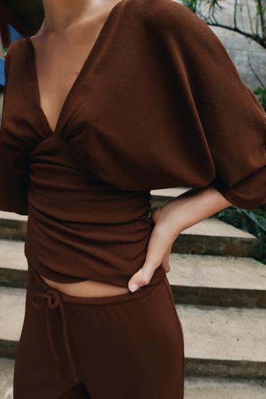 TEXTURED V-NECK TOP - Brown by Zara - Image 2