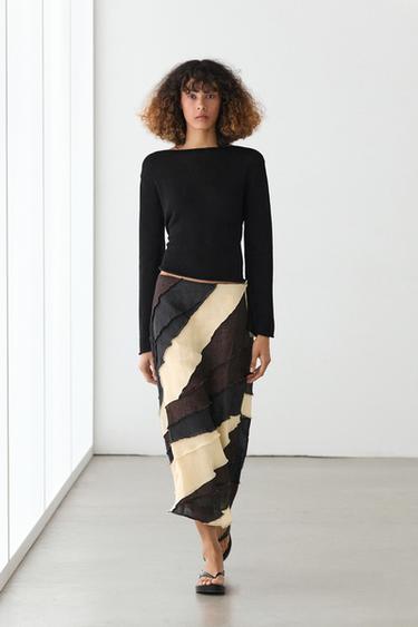 Jupe midi à volants contrastants en lin - Marron de Zara - Image 0