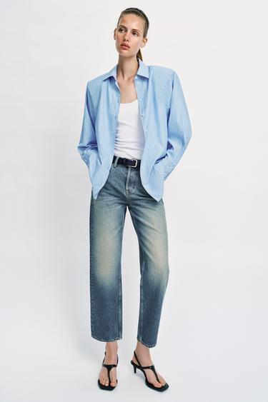 قميص بوبلين مخطط بكتافيات - أزرق / أبيض الخاص بـ Zara