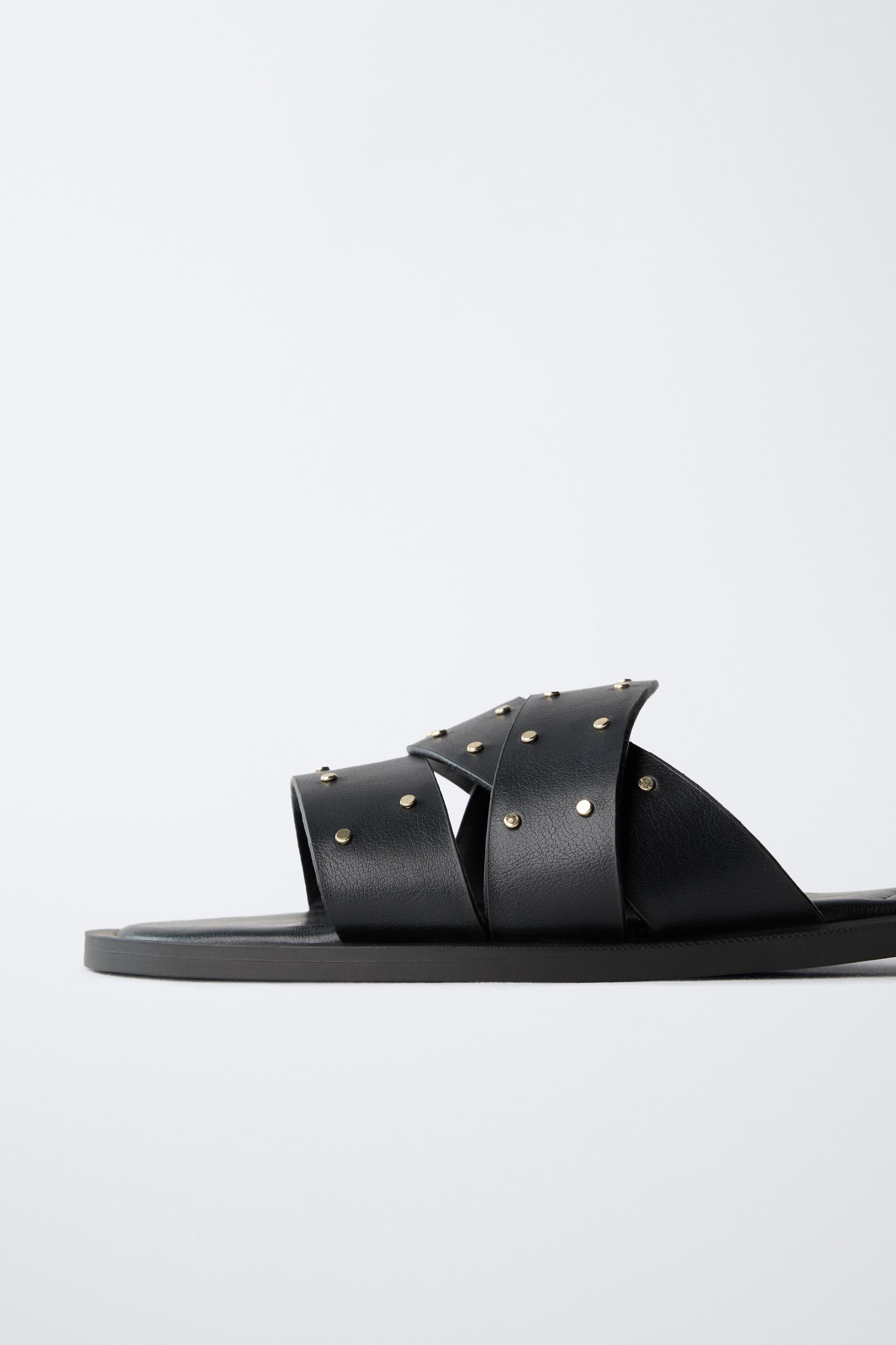 STUDDED FLAT CROSS STRAP SANDALS - Off White | ZARA United