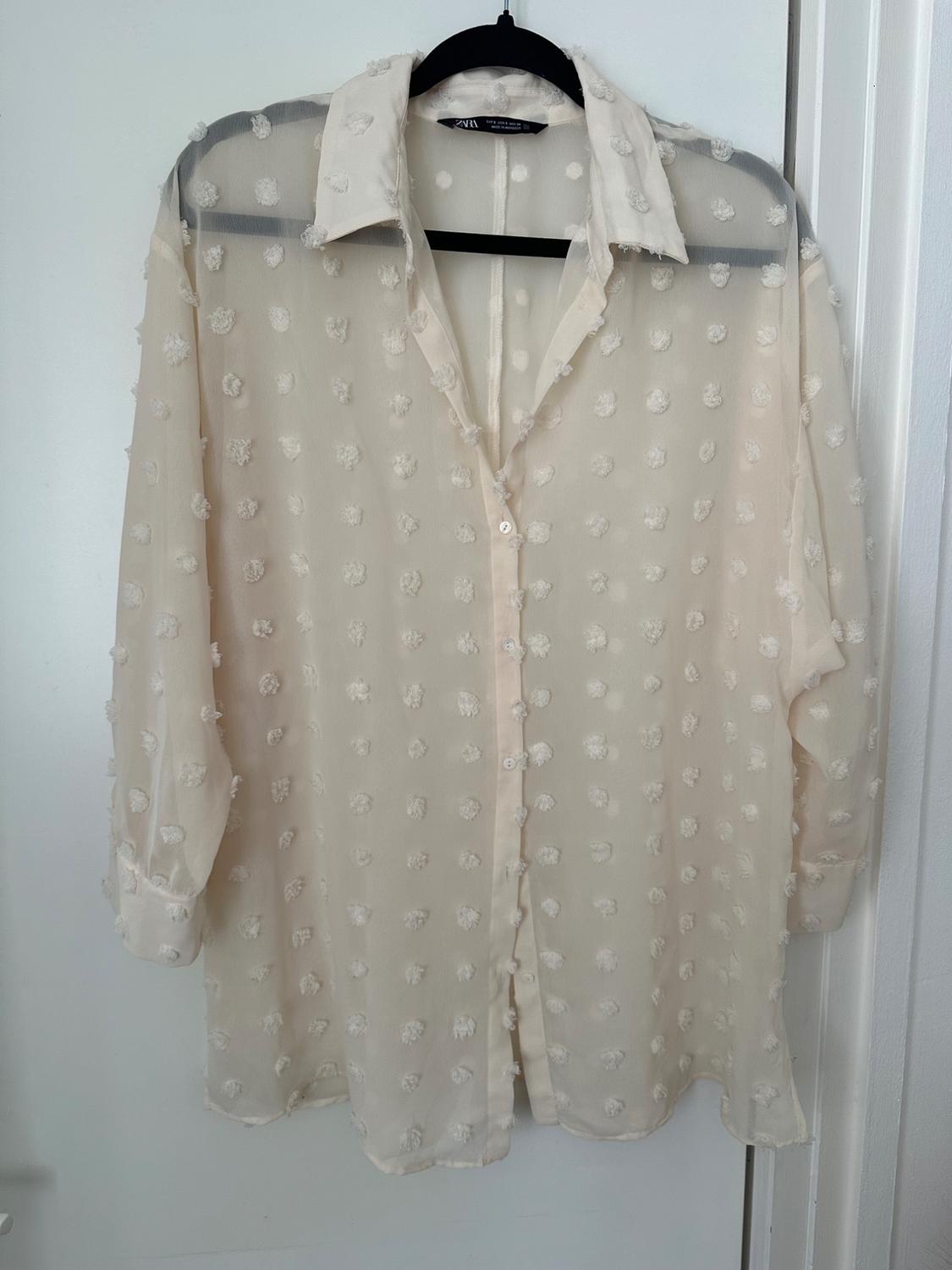 Ecru semi-sheer shirt with raised polka dots, hanging on a black hanger over a white door. Label with the text ZARA.
