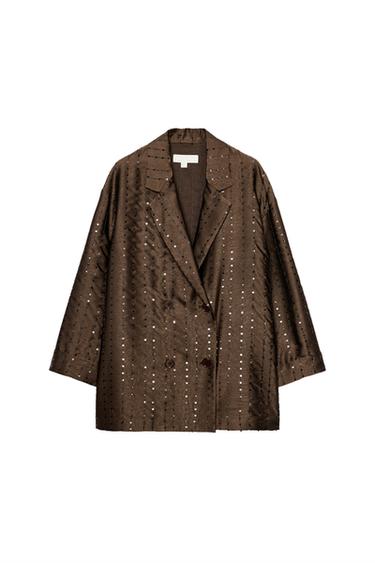 Zara SEQUIN DOUBLE-BREASTED BLAZER - Brown