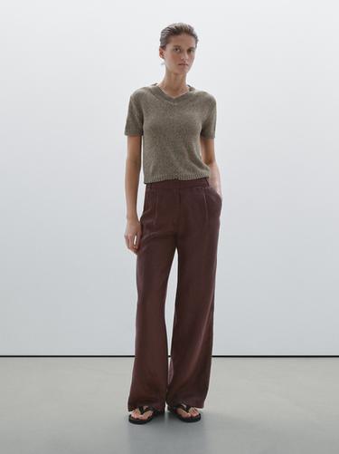 Pantalón wide fit goma 100% lino - Marrón oscuro de Zara - Imagen 0