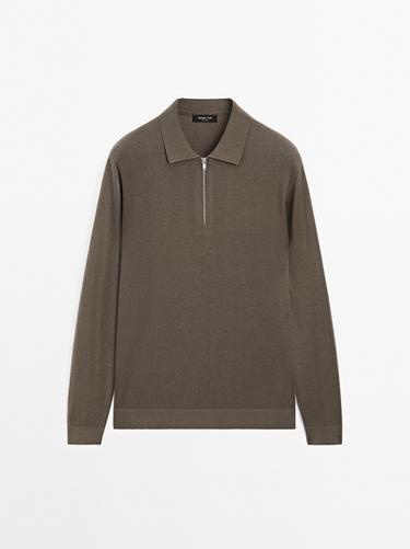 Zara Knit polo sweater with zip - Khaki