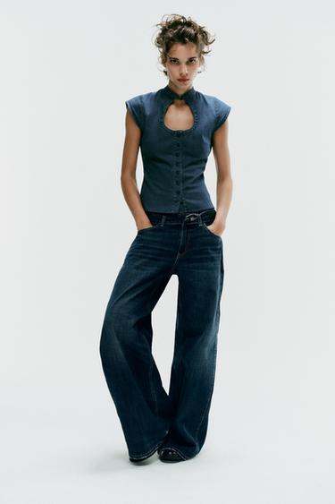 Zara MID-RISE PLEATED BELTED TRF JEANS - Navy blue