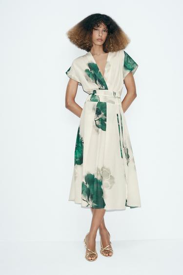 open lace back dress Pleated Floral Printed Tie Neck Knee Length Women Dress  Zara-Craft