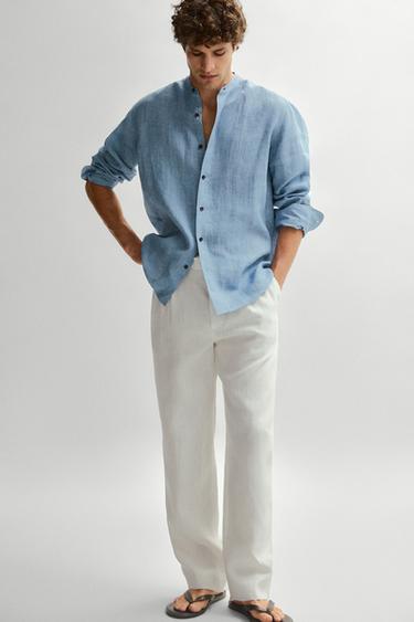 Zara Regular fit contrast button 100% linen shirt - Blue