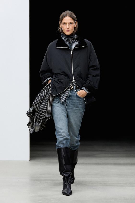 Zara Quilted corduroy-collar parka - Navy blue - Image 0