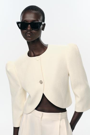 Zara PUFF SLEEVE CROPPED BLAZER - Oyster-white