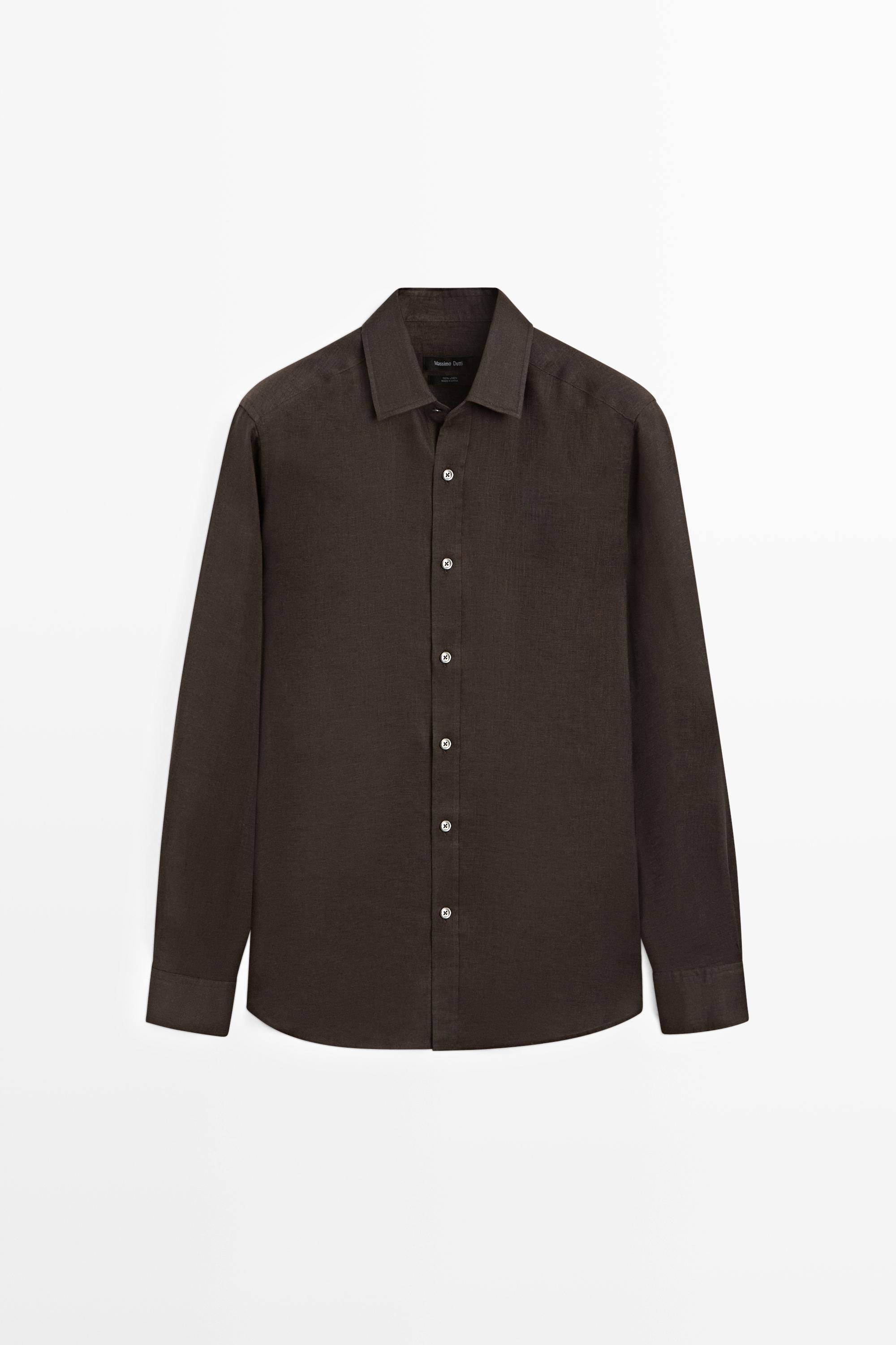 Regular fit 100% linen shirt — Brown