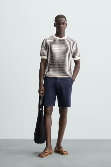 CAMISETA DE MALHA COM PONTO ABERTO LISTRADA - Branco / Cinza da Zara - Imagem 0