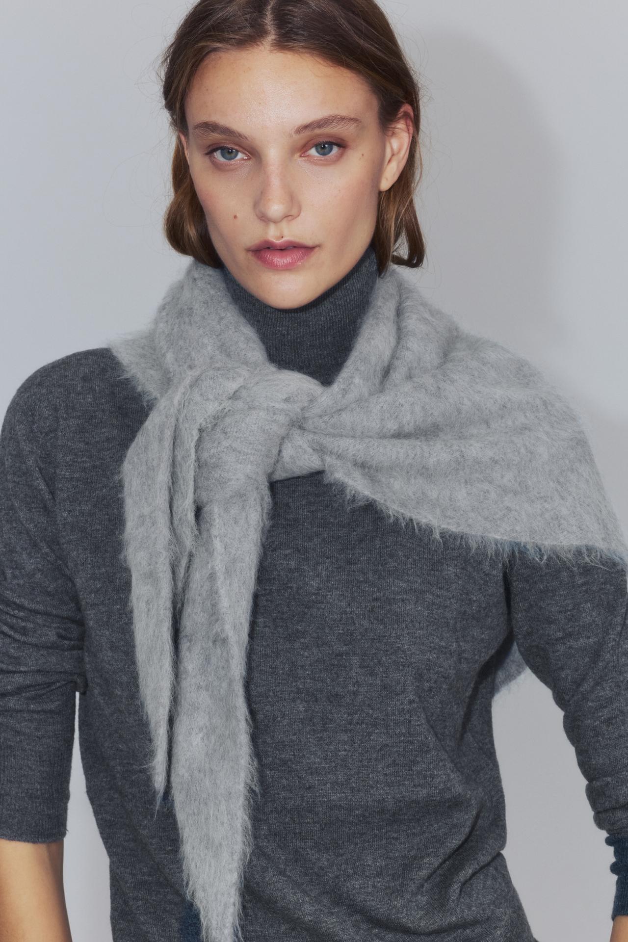 BRUSHED EFFECT 100% WOOL TRIANGULAR SCARF — Gray