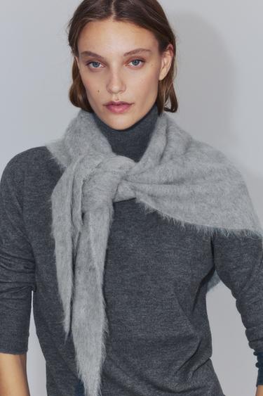 BRUSHED EFFECT 100% WOOL TRIANGULAR SCARF — Gray 2