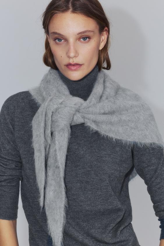 BRUSHED EFFECT 100% WOOL TRIANGULAR SCARF - Grey by Zara - Image 0