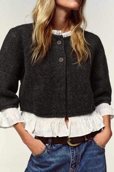 Zara POPLIN TRIM COMBINATION CARDIGAN - Dark gray