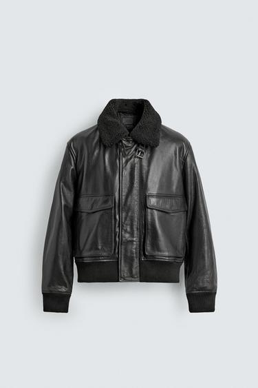 LEATHER JACKET WITH CONTRAST COLLAR - Black by Zara