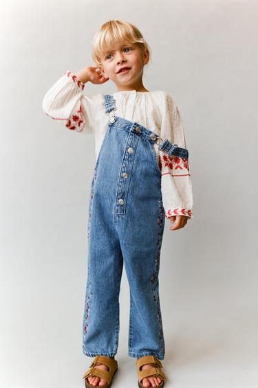 JARDINEIRA COMPRIDA DENIM COM BORDADOS - Azul-médio da Zara