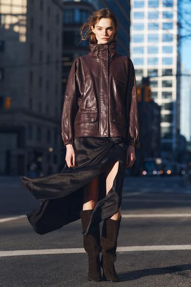 CHAQUETA PIEL 100% ZW COLLECTION - Burgundy de Zara