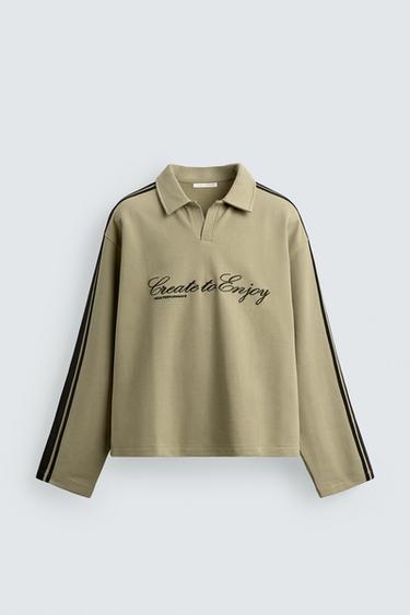 BLUZË BOXY FIT ME QËNDISJE DHE BREZA - Ngjyrë toke nga Zara