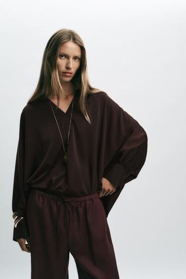 Zara SATIN EFFECT CAPE SLEEVE BLOUSE - Brown