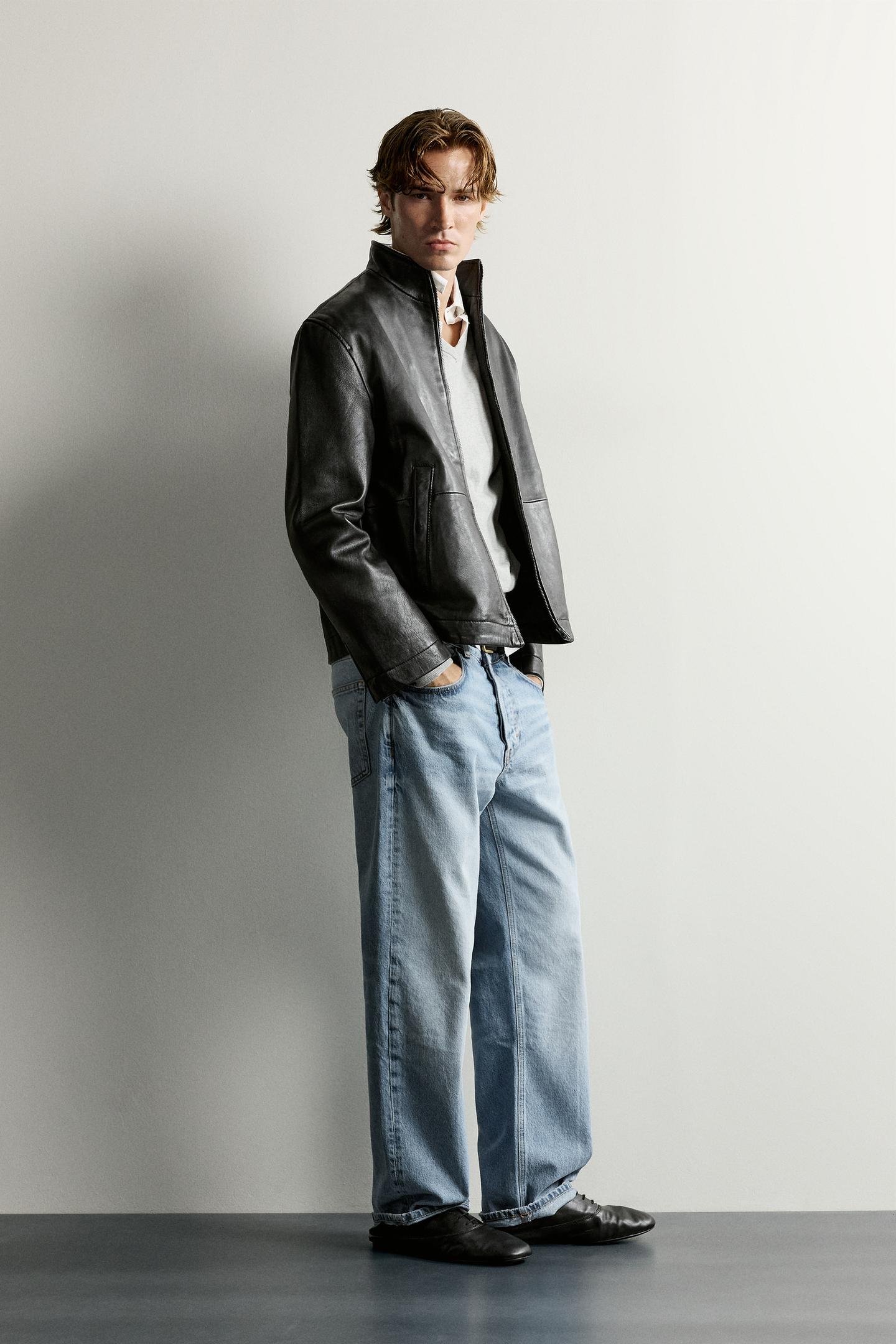 Мужская куртка Zara Washed Effect Leather, цвет: Чёрный — фото 4