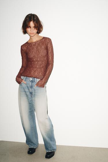 Zara LONG SLEEVE LACE TOP - Brown marl - Image 0