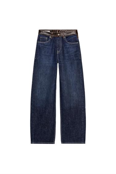 TRF STRAIGHT WIDE HIGH-WAIST LEATHER JEANS - Dark indigo by Zara