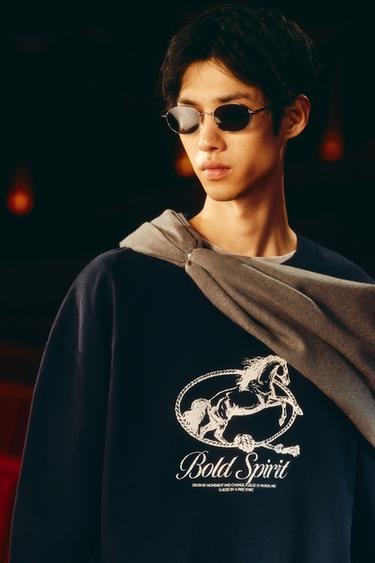 HORSE PRINT CREWNECK SWEATSHIRT - Navy blue by Zara