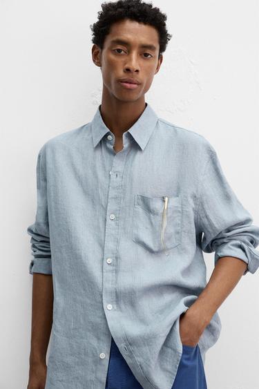 Zara RELAXED FIT 100% LINEN SHIRT - Sky blue