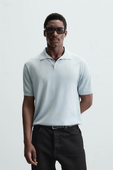 Zara COTTON-SILK KNIT POLO - Sky blue
