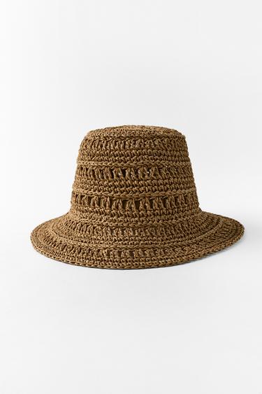 WOVEN PAPER BUCKET HAT - Dark tan by Zara