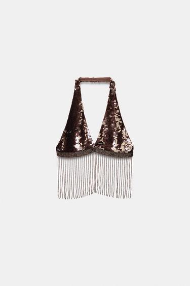 TOP COURT À PAILLETTES ET FRANGES - Chocolat de Zara - Image 4