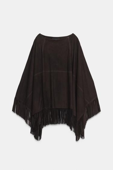 LEATHER FRINGE CAPE - Brown by Zara