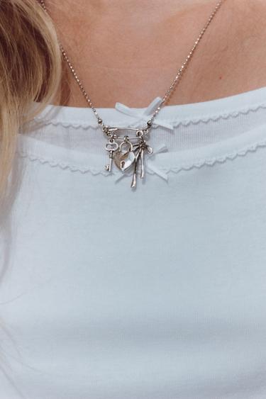 Zara KEY, BOW, AND PADLOCK CHARM NECKLACE - Silver